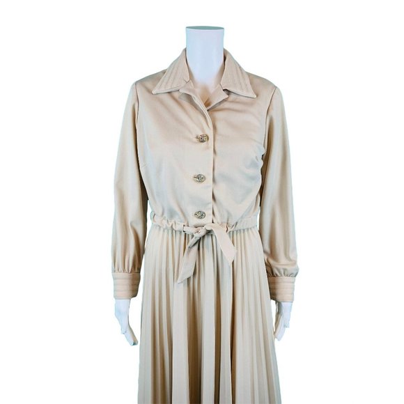 Vintage 70s Dress Set Womens M Khaki Rhinestone Buttons Dramatic Pleated Maxi Sk - Picture 4 of 10